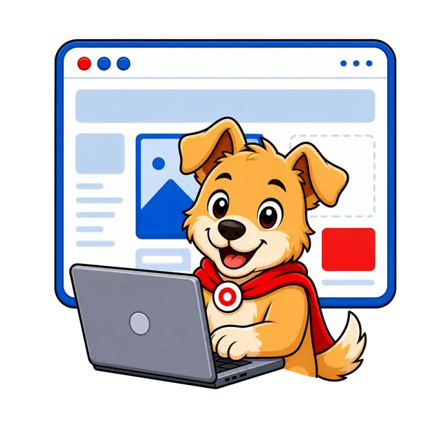 Askal the WebHero dog typing on a laptop in front of a website being built
