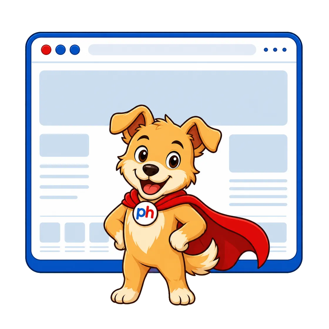 Askal, the WebHero PH caped dog mascot, standing proudly in front of a website