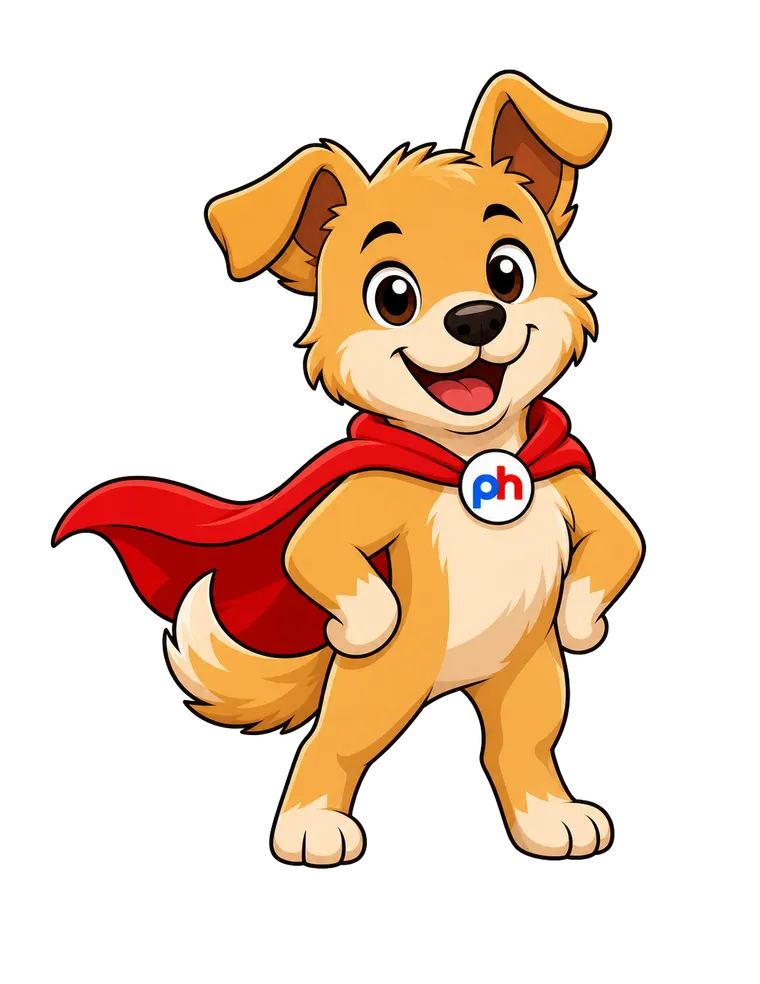 Askal, the WebHero PH caped dog mascot, standing with hands on hips