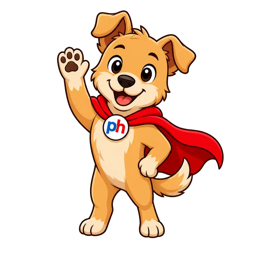 Askal, the WebHero PH caped dog mascot, waving hello